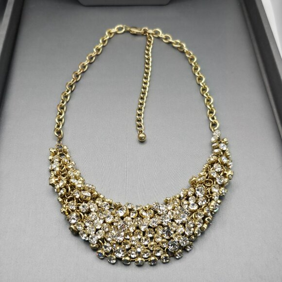 Gold-Tone Statement Necklace & Drop Earrings Set w/ Prong Set Clear Rhinestones - Picture 5 of 13